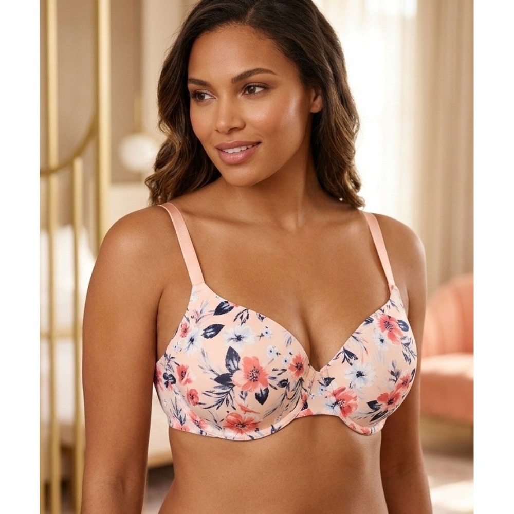 Nautica Intimates Floral T-Shirt Bra 38D Peach Pink Underwire Padded Adjustable